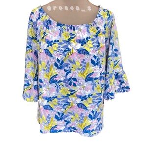 Stella Parker L Blue/Yellow Floral Cotton Off Shoulder Blouse Bell Sleeve Flaw